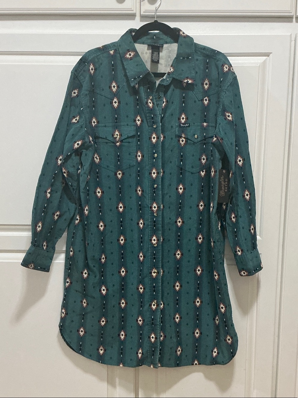NWT Wrangler Teal Geometric corduroy Long-Sleeve Shirt Dress